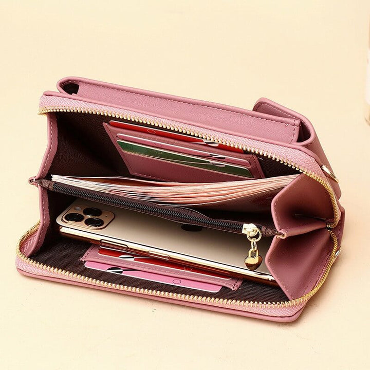 Dame crossbody taske med justerbar rem, grå PU-læder, gyldne metaldele, kompakt og rummelig.