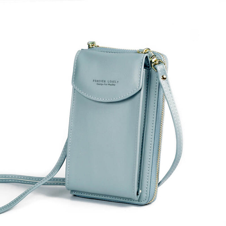Dame crossbody taske med justerbar rem, grå PU-læder, gyldne metaldele, kompakt og rummelig.
