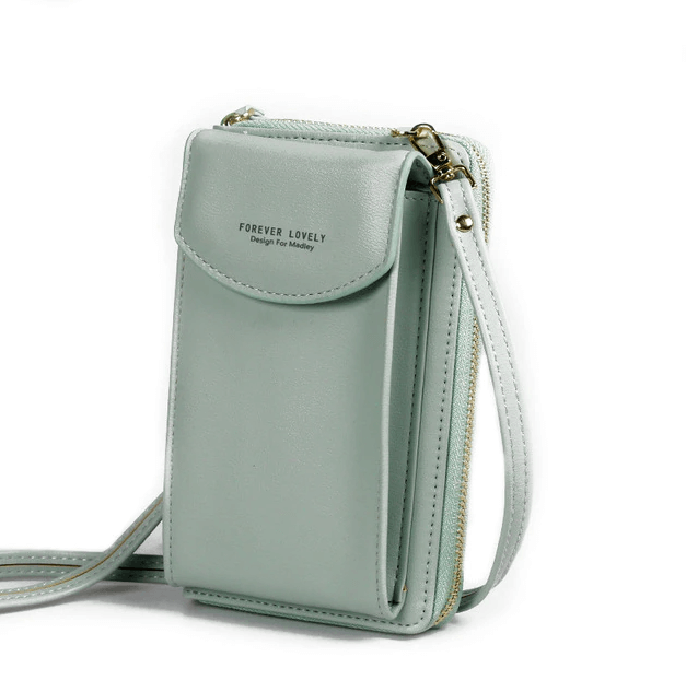 Dame crossbody taske med justerbar rem, grå PU-læder, gyldne metaldele, kompakt og rummelig.