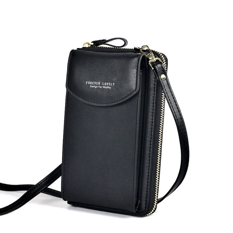 Dame crossbody taske med justerbar rem, grå PU-læder, gyldne metaldele, kompakt og rummelig.