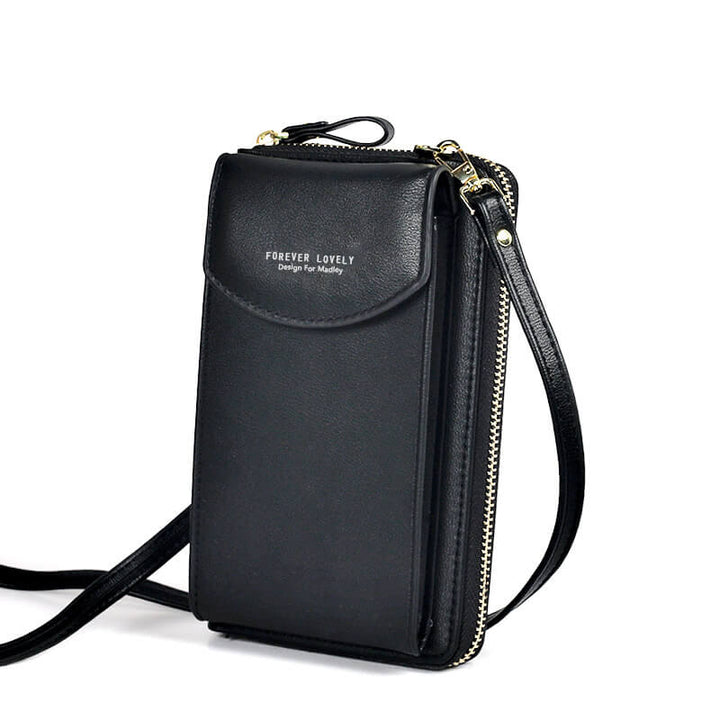 Dame crossbody taske med justerbar rem, grå PU-læder, gyldne metaldele, kompakt og rummelig.