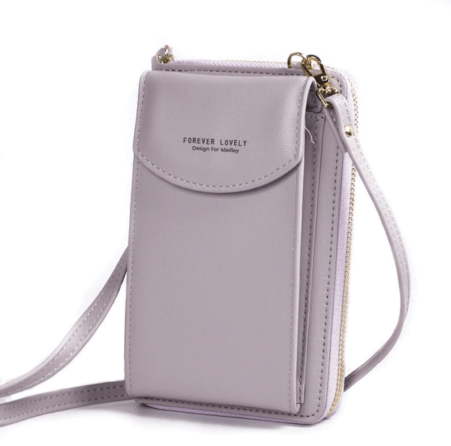 Dame crossbody taske med justerbar rem, grå PU-læder, gyldne metaldele, kompakt og rummelig.