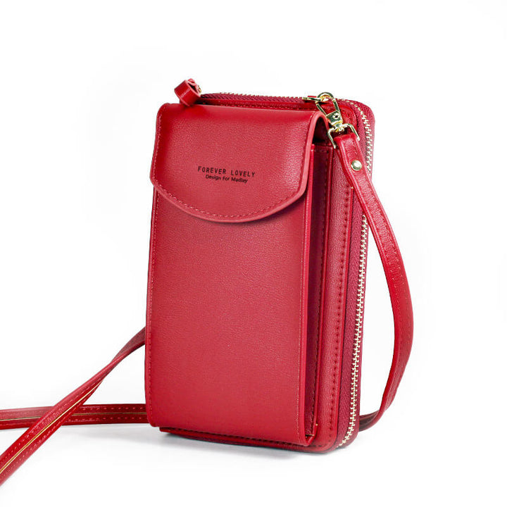 Dame crossbody taske med justerbar rem, grå PU-læder, gyldne metaldele, kompakt og rummelig.