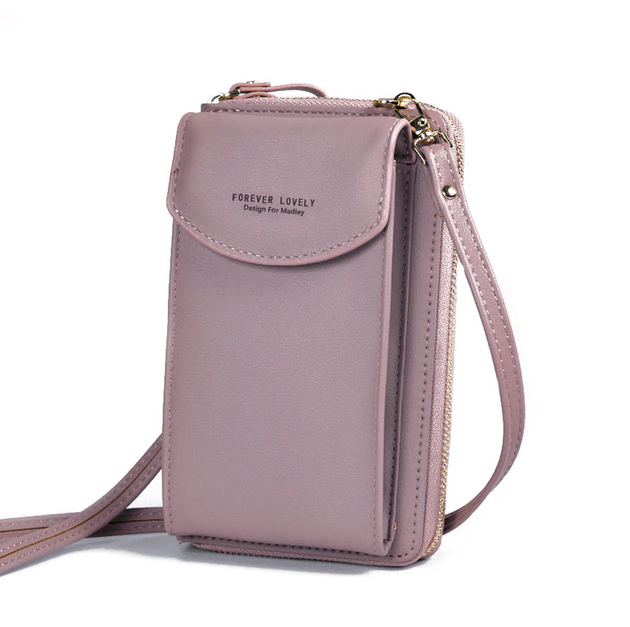 Dame crossbody taske med justerbar rem, grå PU-læder, gyldne metaldele, kompakt og rummelig.