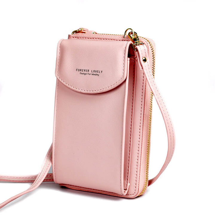 Naisten tyylikäs crossbody-laukku säädettävällä hihnalla, harmaa PU-nahka, kultaiset metalliosat, kompakti ja tilava.