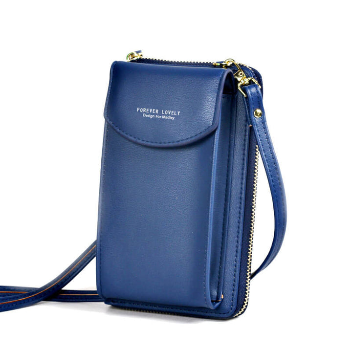 Naisten tyylikäs crossbody-laukku säädettävällä hihnalla, harmaa PU-nahka, kultaiset metalliosat, kompakti ja tilava.