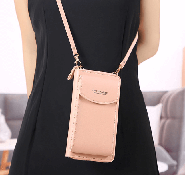 Dame crossbody taske med justerbar rem, grå PU-læder, gyldne metaldele, kompakt og rummelig.