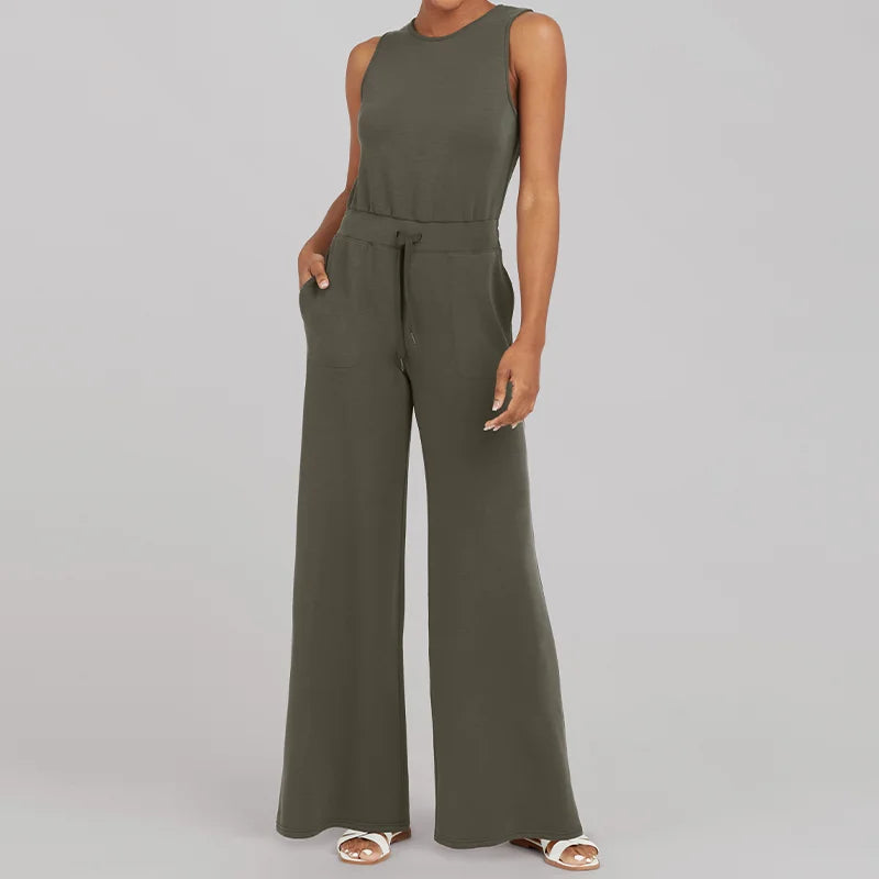 Dame jumpsuit, stilfuldt, blødt stof, lange brede ben, åndbar, alsidigt design, sidder flot.