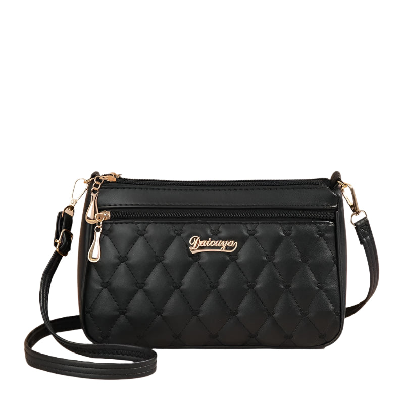 Dame elegant broderet crossbody taske, kompakt størrelse, subtil broderi, justerbar skulderrem.