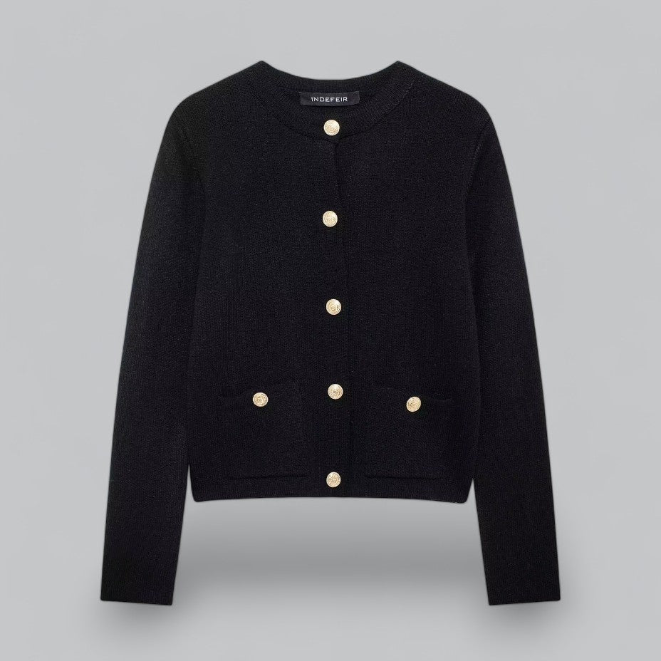 Damecardigan med gyldne knapper, blød strik, perfekt til forskellige outfits