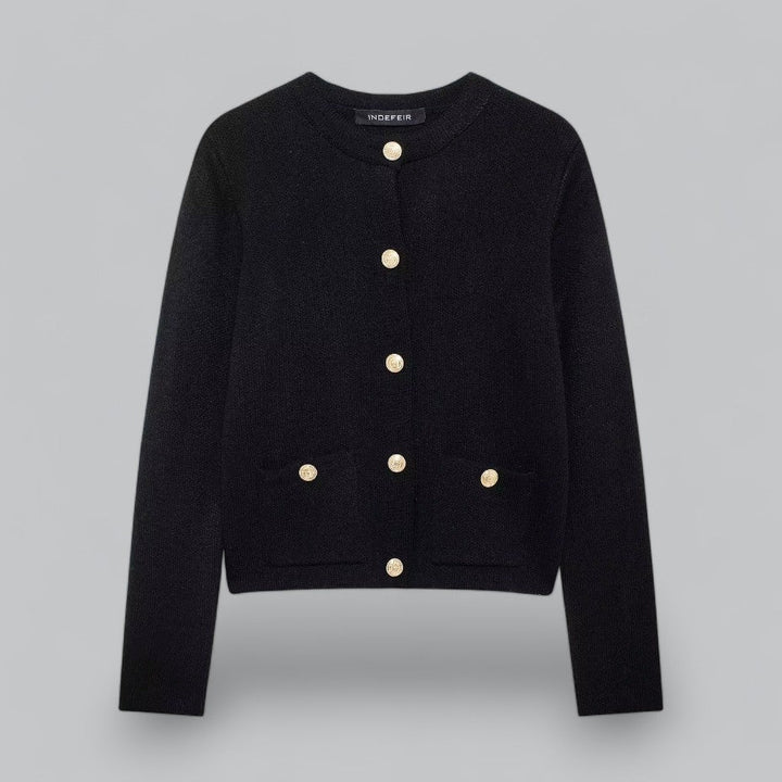 Damecardigan med gyldne knapper, blød strik, perfekt til forskellige outfits