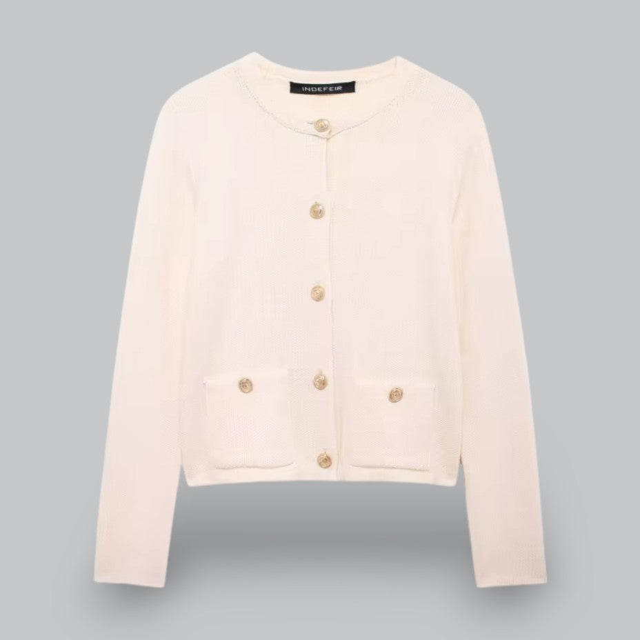 Damecardigan med gyldne knapper, blød strik, perfekt til forskellige outfits