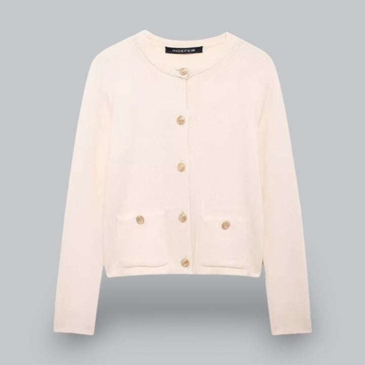 Damecardigan med gyldne knapper, blød strik, perfekt til forskellige outfits