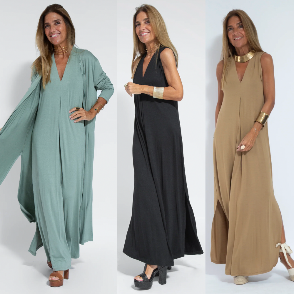 Dame elegant lang sommerkjole og vest, elegant design, let materiale, fremhæver femininitet, velegnet til sommer.