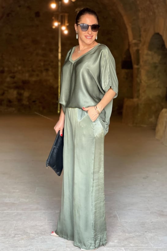 Dame elegant satin sæt to-delt, skinnende satin, elegant design, grøn, sort eller guld