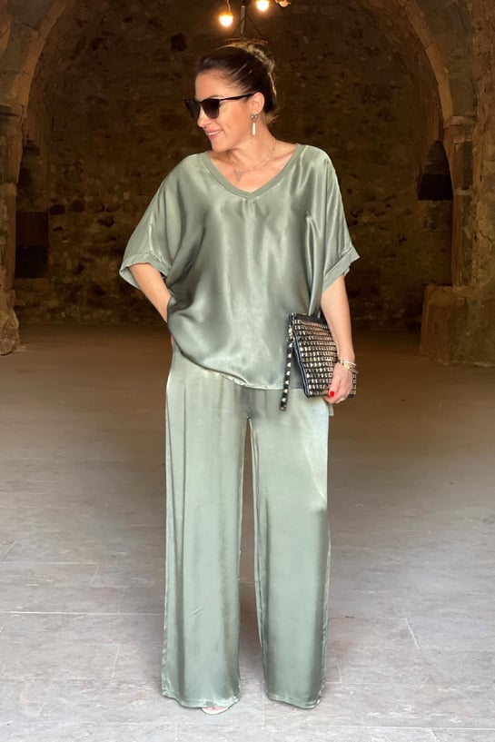 Dame elegant satin sæt to-delt, skinnende satin, elegant design, grøn, sort eller guld