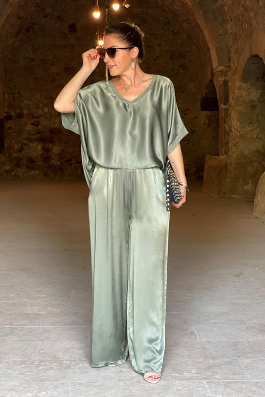 Dame elegant satin sæt to-delt, skinnende satin, elegant design, grøn, sort eller guld