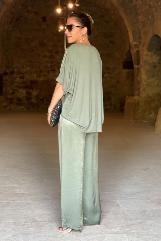Dame elegant satin sæt to-delt, skinnende satin, elegant design, grøn, sort eller guld