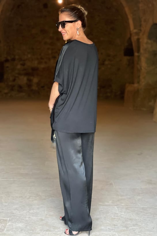 Dame elegant satin sæt to-delt, skinnende satin, elegant design, grøn, sort eller guld