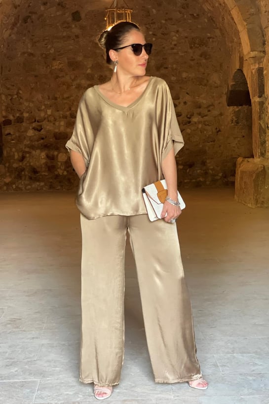 Dame elegant satin sæt to-delt, skinnende satin, elegant design, grøn, sort eller guld
