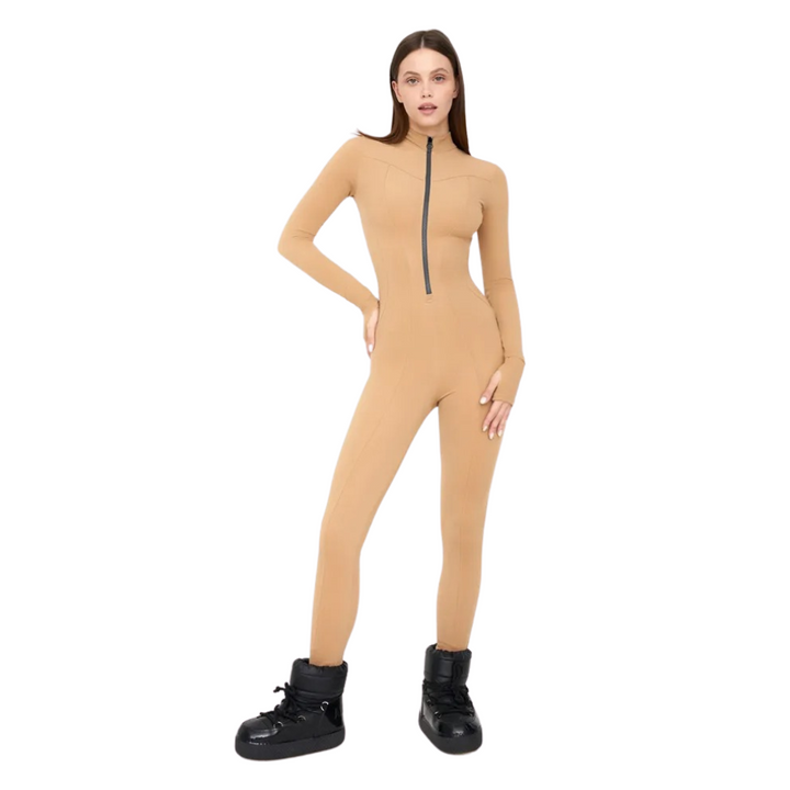 Dame sporty langærmet romper med rund hals og lynlås foran, lavet af åndbart og behageligt materiale.