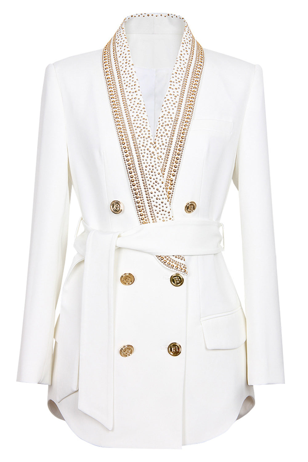 Dame hvid luksusblazer med gulddetaljer, dobbeltspænde design og taljefremhævende bælte, elegant look.