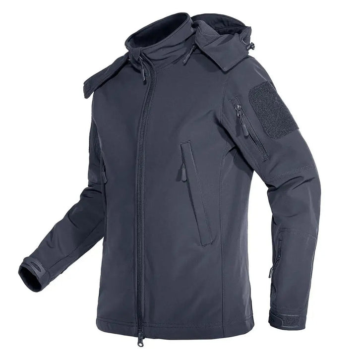 Dame vandtæt soft shell jakke, grå, fleeceforet, justerbar hætte, moderne design til udendørs og hverdag.
