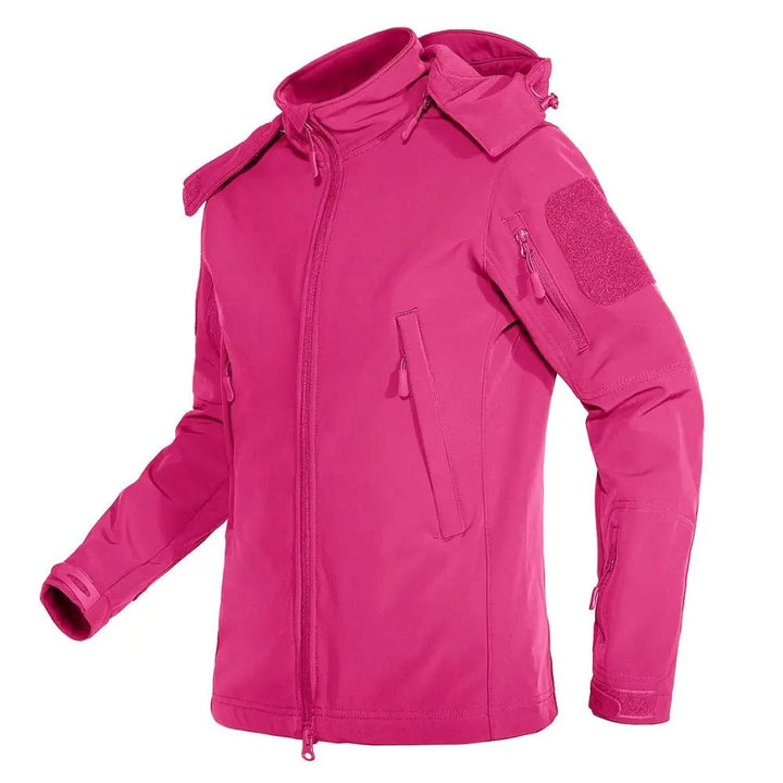 Dame vandtæt soft shell jakke, grå, fleeceforet, justerbar hætte, moderne design til udendørs og hverdag.