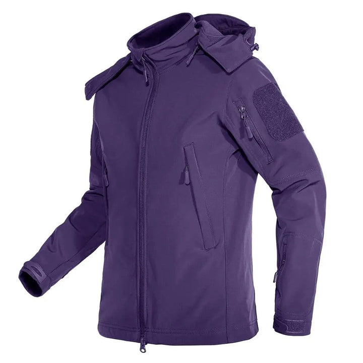 Dame vandtæt soft shell jakke, grå, fleeceforet, justerbar hætte, moderne design til udendørs og hverdag.
