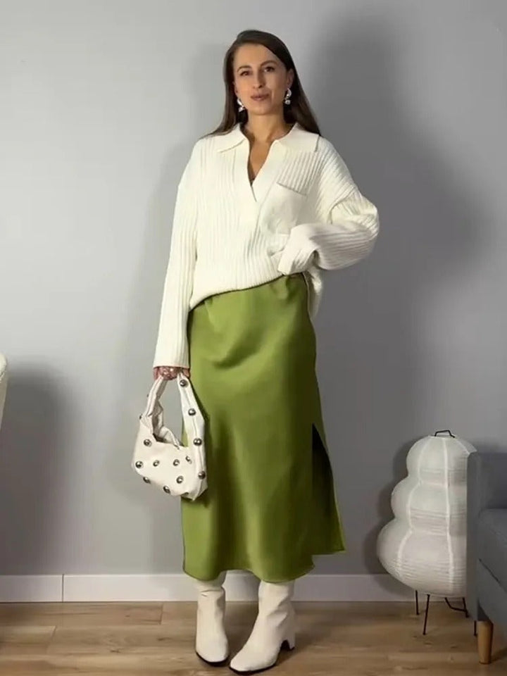 Dame grøn A-line satin silkernederdel, skinnende finish, elegant og komfortabel, sidelunger, alsidig brug.