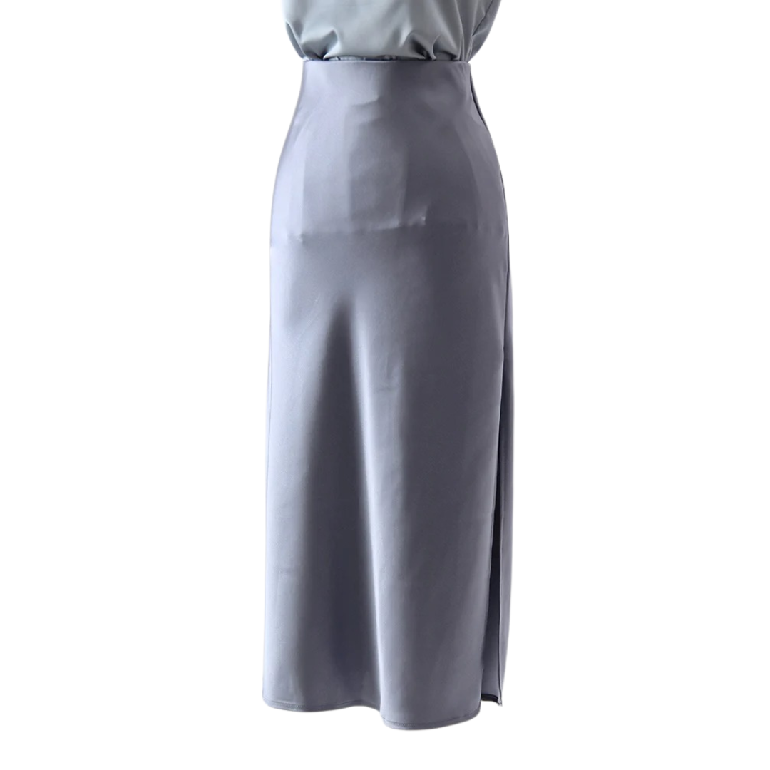 Dame grøn A-line satin silkernederdel, skinnende finish, elegant og komfortabel, sidelunger, alsidig brug.