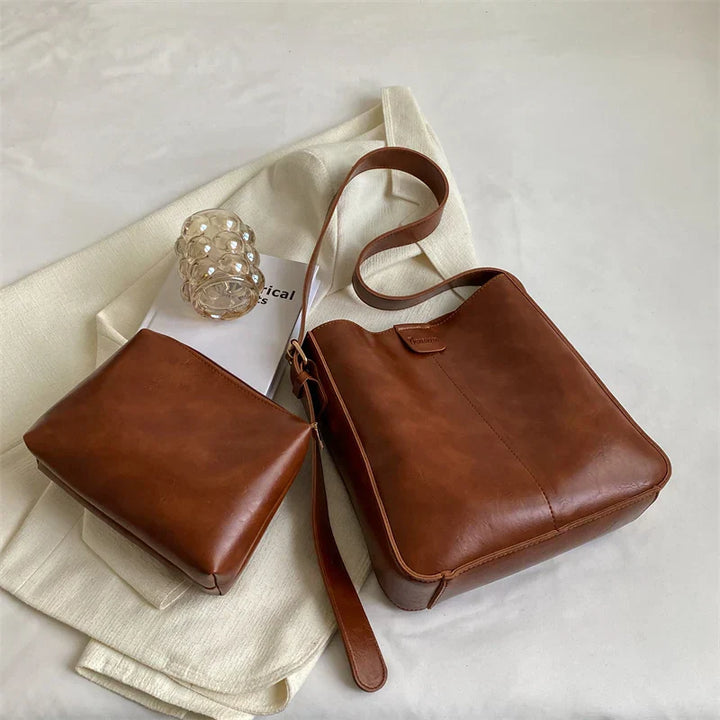 Dame vintage læder skulder taske, kaffe farve, tidløs stil og rummelig indre, elegant til kvinder