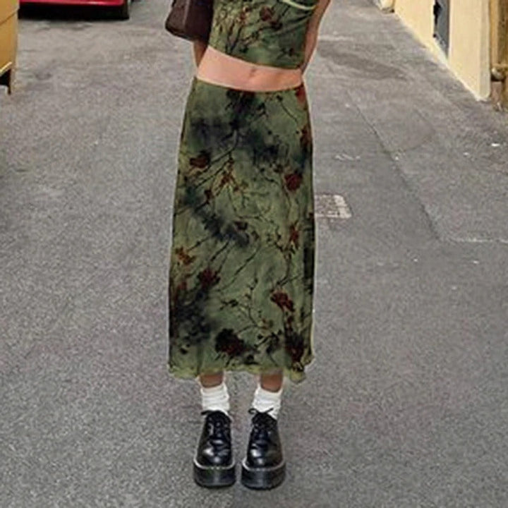 Dame vintage blomstret midi-nederdel, åndbart stof, lav talje, tidløs stil, sommer mode