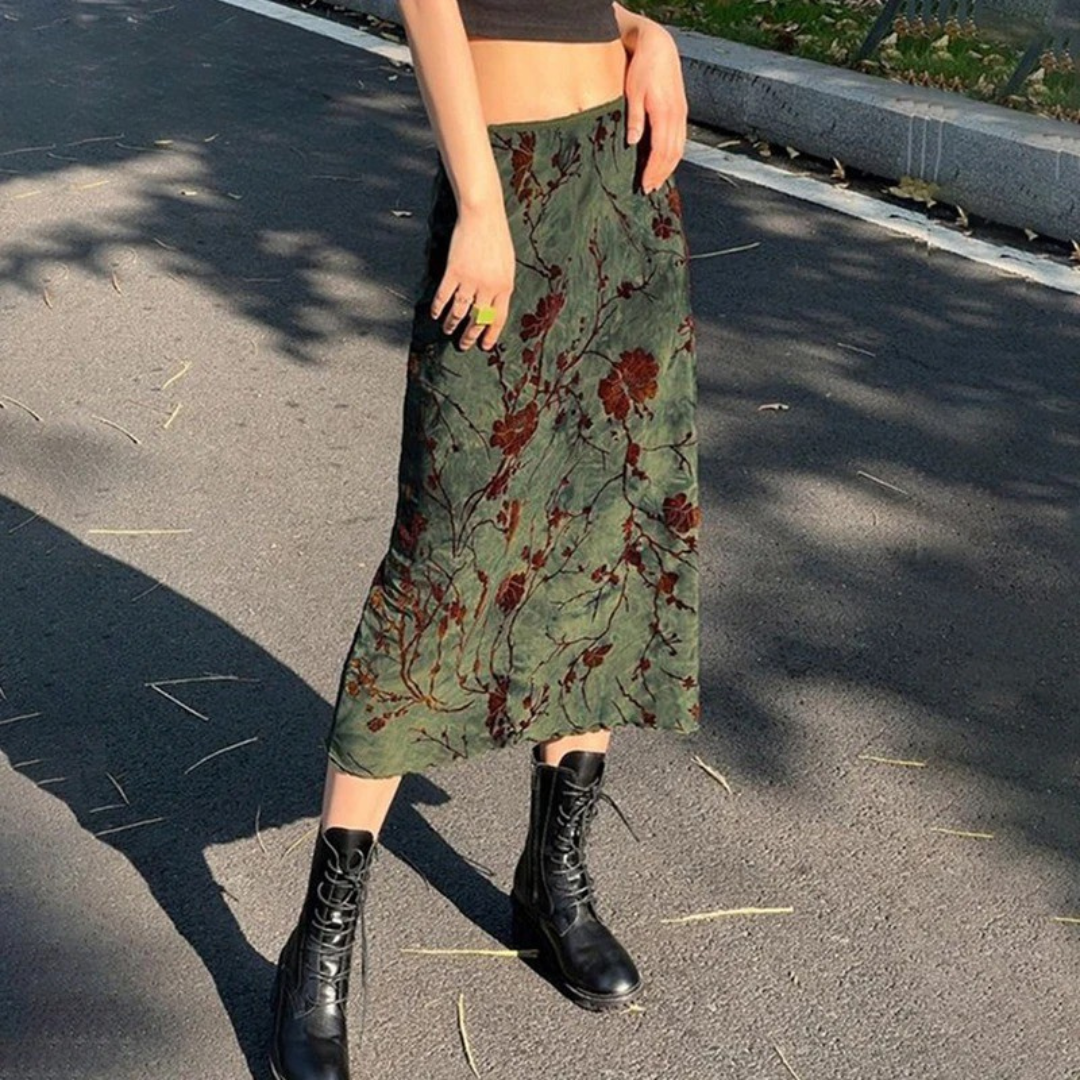 Dame vintage blomstret midi-nederdel, åndbart stof, lav talje, tidløs stil, sommer mode
