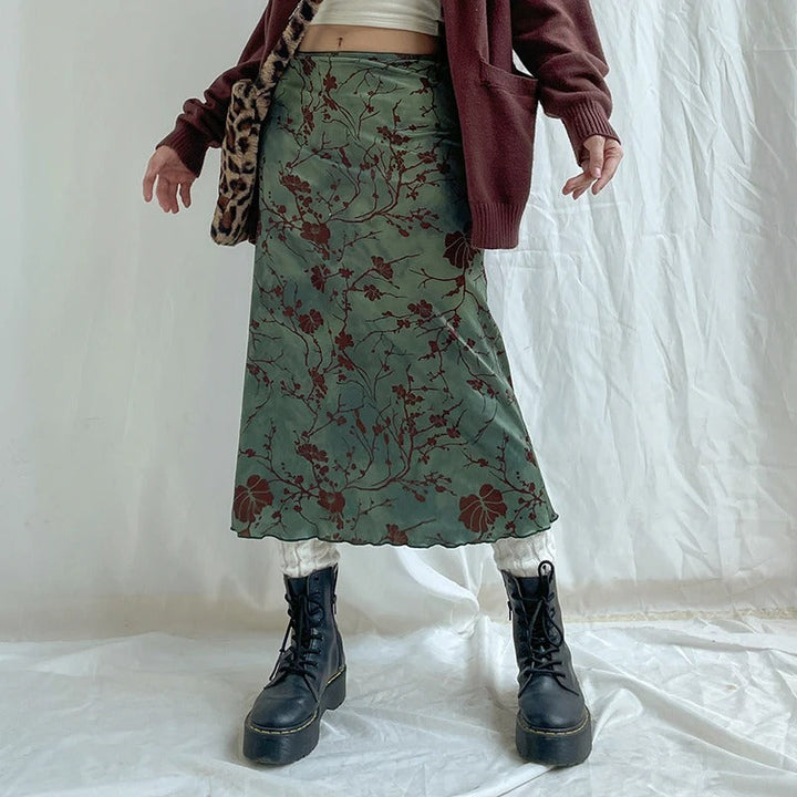 Dame vintage blomstret midi-nederdel, åndbart stof, lav talje, tidløs stil, sommer mode
