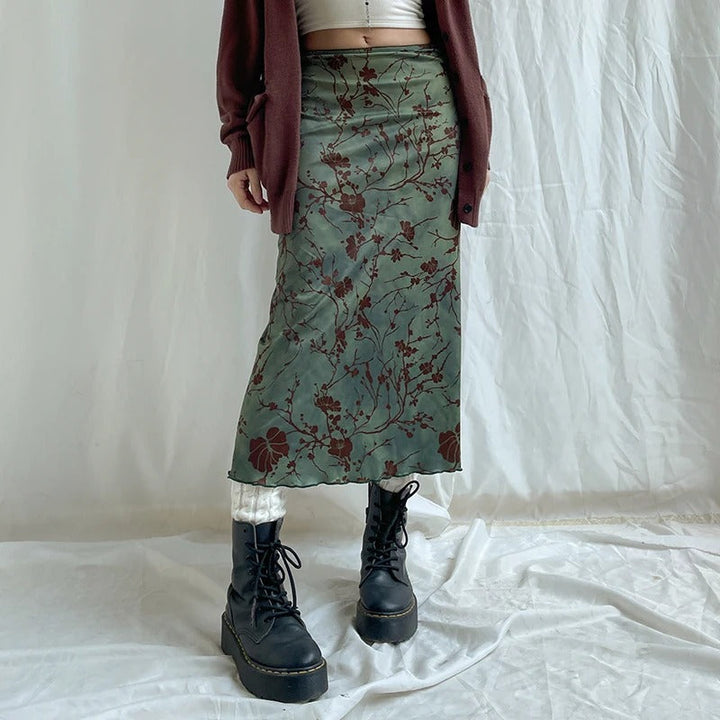 Dame vintage blomstret midi-nederdel, åndbart stof, lav talje, tidløs stil, sommer mode