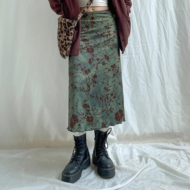 Dame vintage blomstret midi-nederdel, åndbart stof, lav talje, tidløs stil, sommer mode