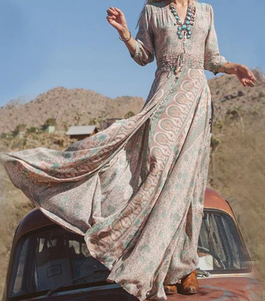 Dame vintage maxi kjole, lang og elegant, blød, velegnet til fester og sommer, fremhæver stil og komfort.