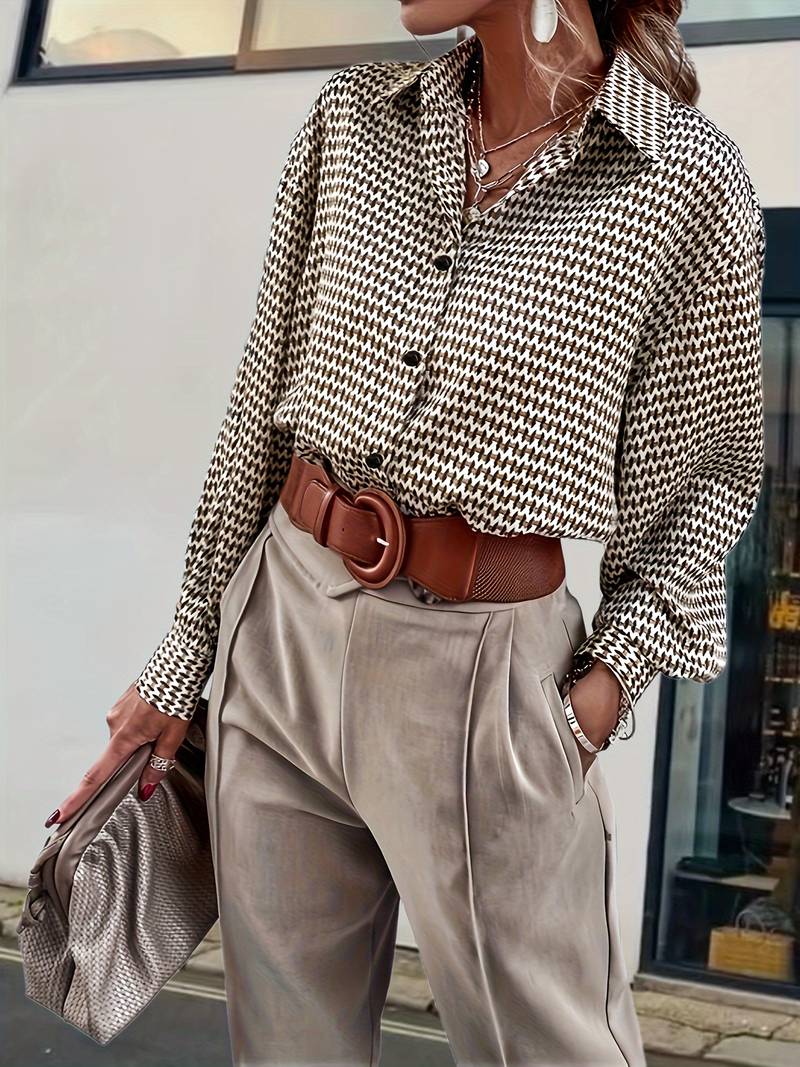 Dame vintage langærmet bluse i blå med retro detaljer