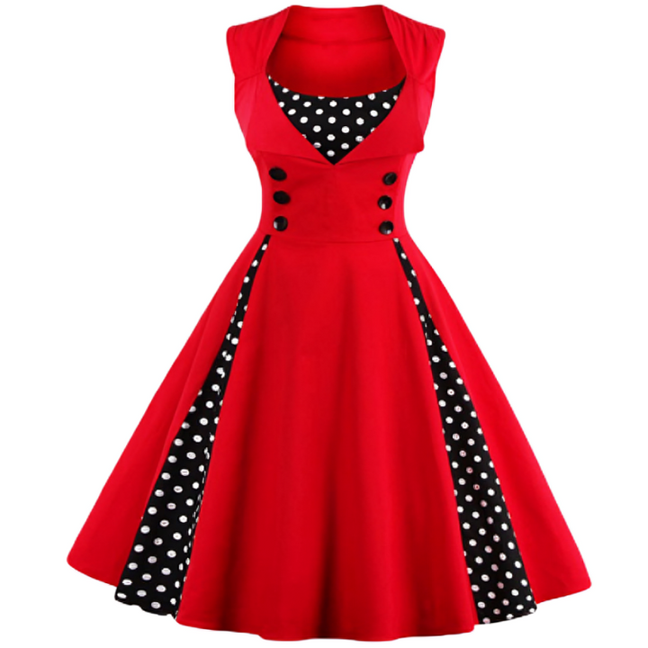Dame vintage polkaprikket kjole med elegante detaljer, retro-stil og sofistikeret design, smigrende pasform.