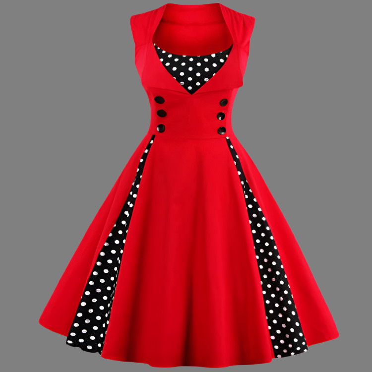Dame vintage polkaprikket kjole med elegante detaljer, retro-stil og sofistikeret design, smigrende pasform.