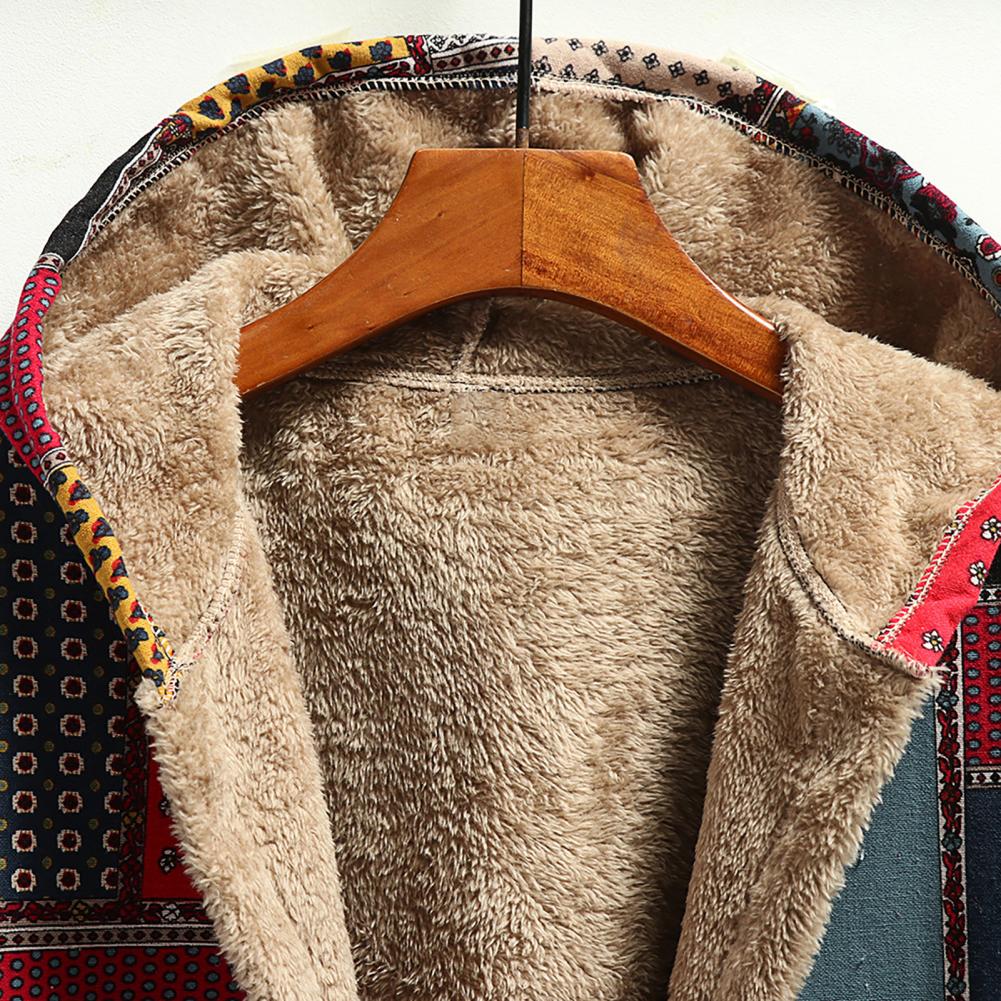 "Naisten vintage-hupullinen pitkä fleecetakki, romanttinen kuosi, tilava huppu, lämpimän hämärän ruskea sävy."