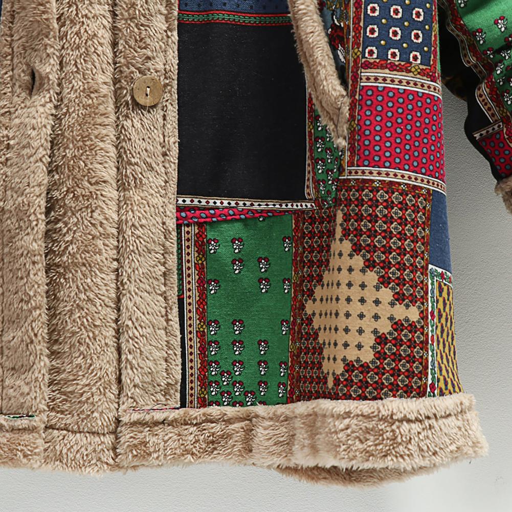 "Naisten vintage-hupullinen pitkä fleecetakki, romanttinen kuosi, tilava huppu, lämpimän hämärän ruskea sävy."