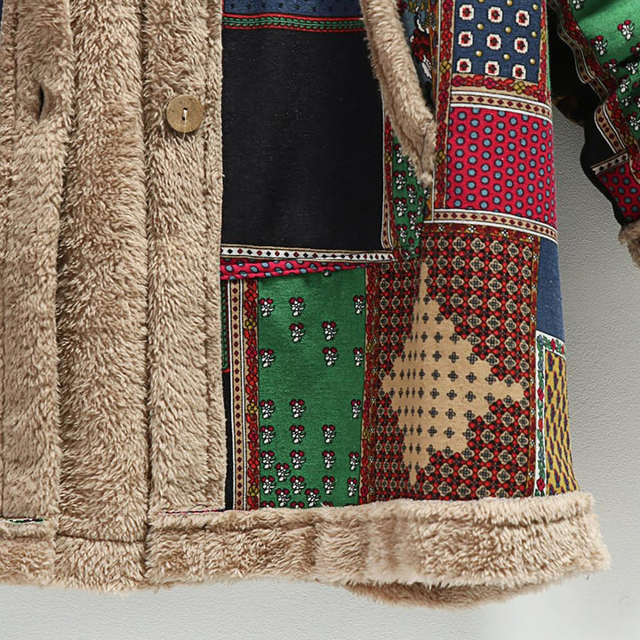 "Naisten vintage-hupullinen pitkä fleecetakki, romanttinen kuosi, tilava huppu, lämpimän hämärän ruskea sävy."