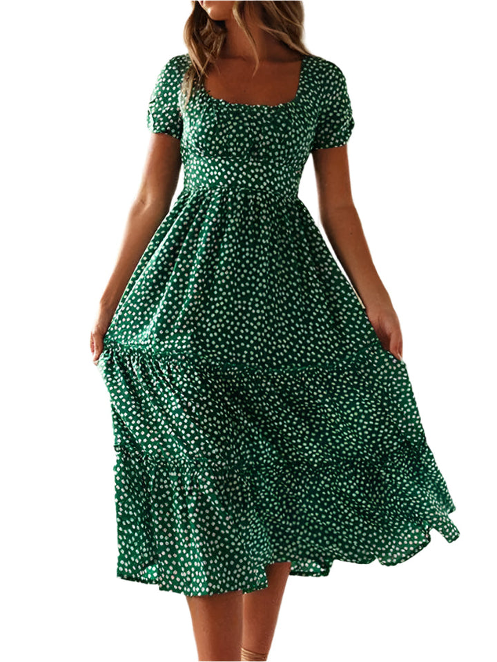 Dame vintage-stil maxi kjole med pufærmer og blomstertryk, firkantet halsudskæring, sommerlig elegance.