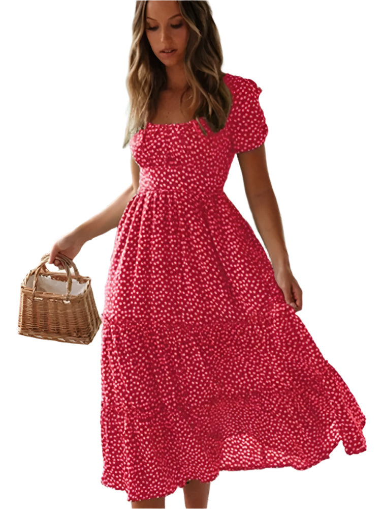 Dame vintage-stil maxi kjole med pufærmer og blomstertryk, firkantet halsudskæring, sommerlig elegance.