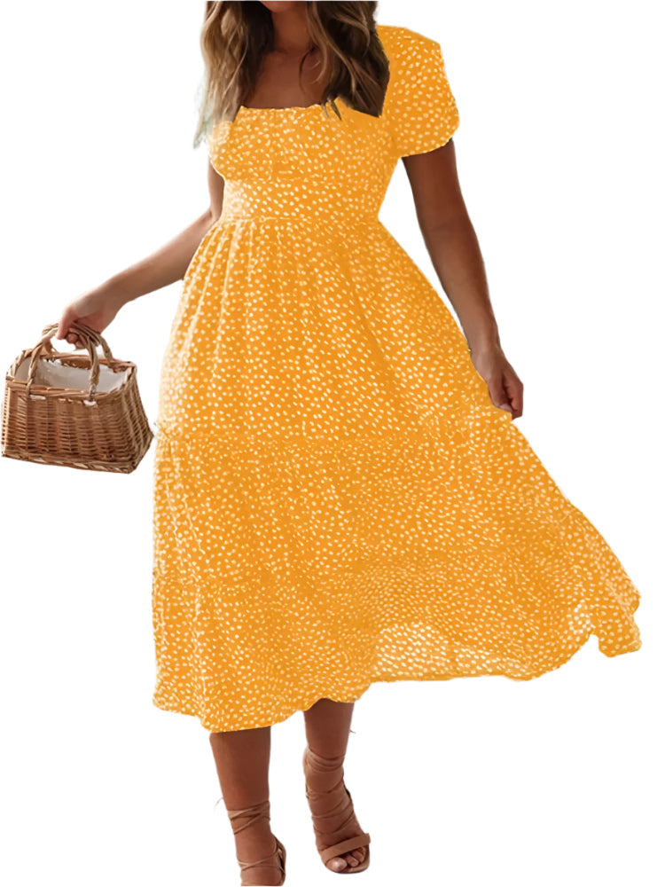 Dame vintage-stil maxi kjole med pufærmer og blomstertryk, firkantet halsudskæring, sommerlig elegance.