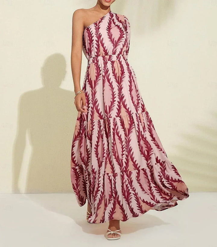 Dame maxi kjole med ét skulderbånd i rosa, behagelig og elegant stil fremhæver taljen og afslører skuldrene.