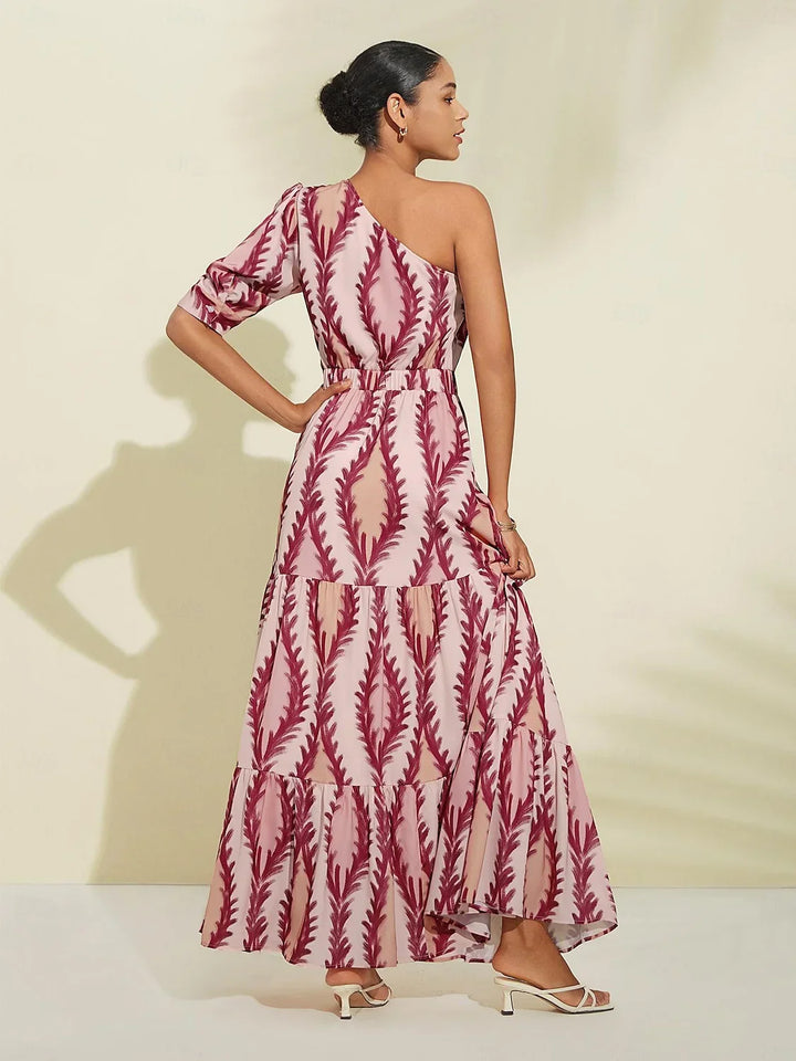 Dame maxi kjole med ét skulderbånd i rosa, behagelig og elegant stil fremhæver taljen og afslører skuldrene.