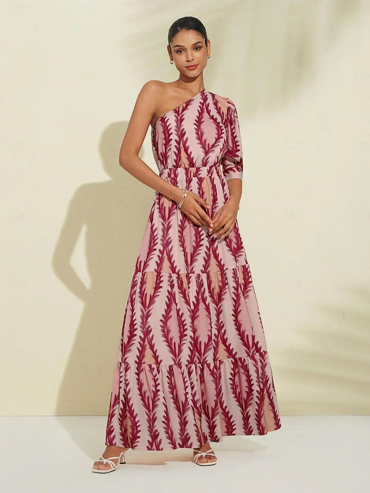 Dame maxi kjole med ét skulderbånd i rosa, behagelig og elegant stil fremhæver taljen og afslører skuldrene.